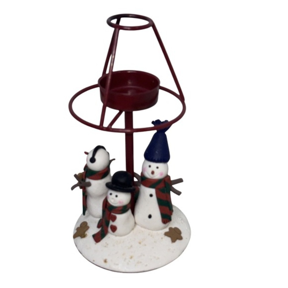 Whimsical Snowman Family Tea‎ Light Candle Holder Red Metal Christmas Decor